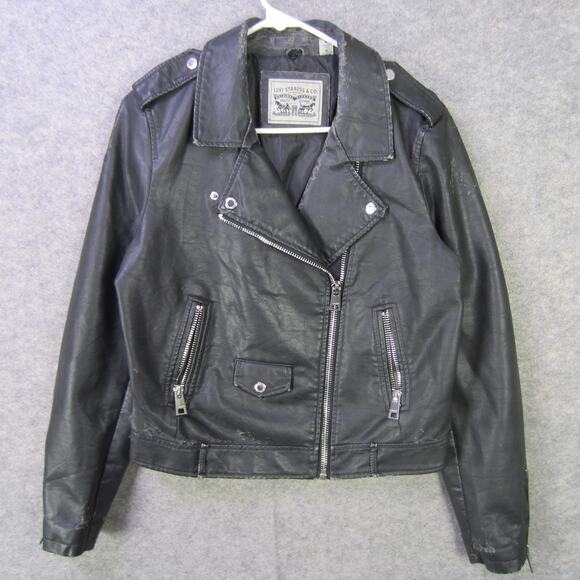 Levi Strauss & Co Jacket Womens Medium Black Faux Leather Moto Biker Asym Zip - Picture 1 of 8